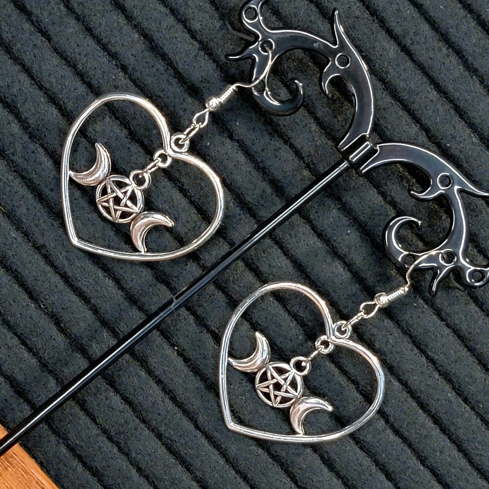 Triple Moon Goddess Earrings | Love Heart Alloy Silver | Gothic Punk Alternative